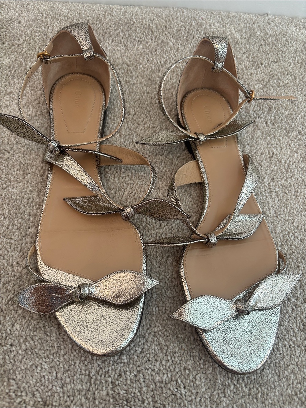 Chloe Metallic Silver Bow Ankle-Tie Sandals
